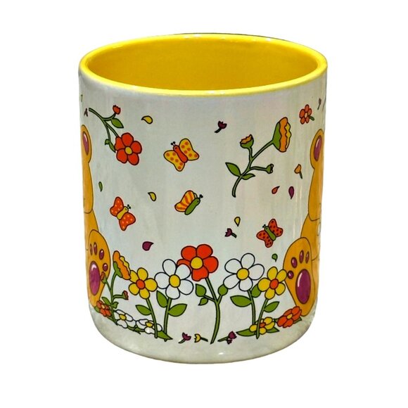 Vintage 1990s Teddy Bear Coffee Mug Orange Yellow Flower Power Accents & Designs - Picture 2 of 7